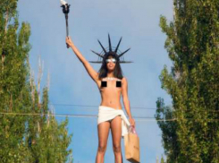 Активистка Femen с обнаженной грудью кидалась конфетами Порошенко с постамента памятника Ленину в Киеве