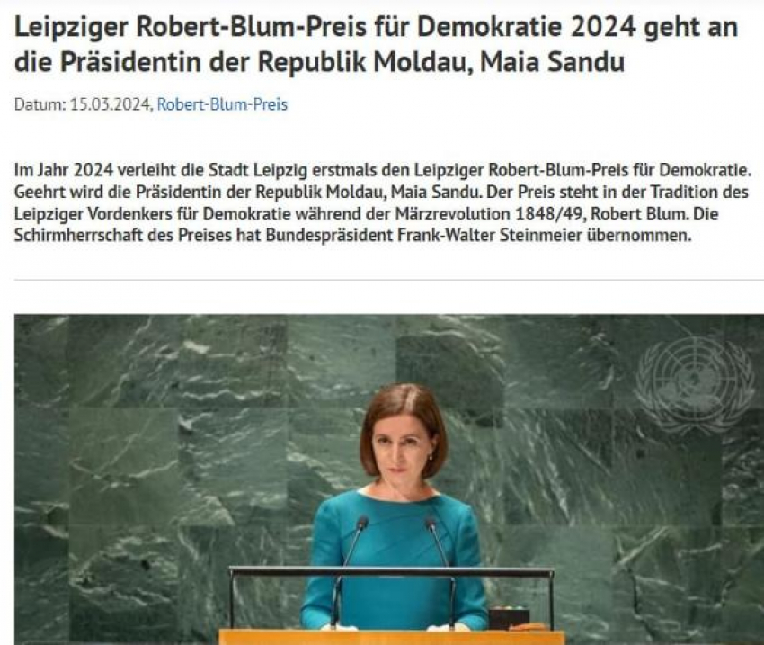 Санду получила 25 000-евровую премию мэрии Лейпцига за демократию 