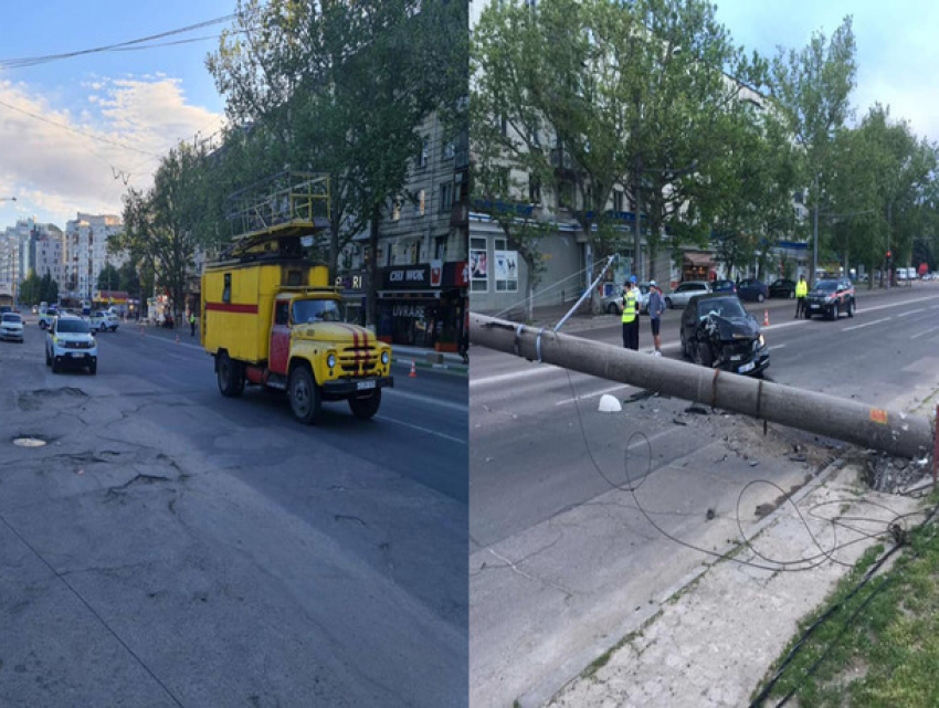 Водитель сбил столб и сбежал – в Кишиневе нарушено движение транспорта